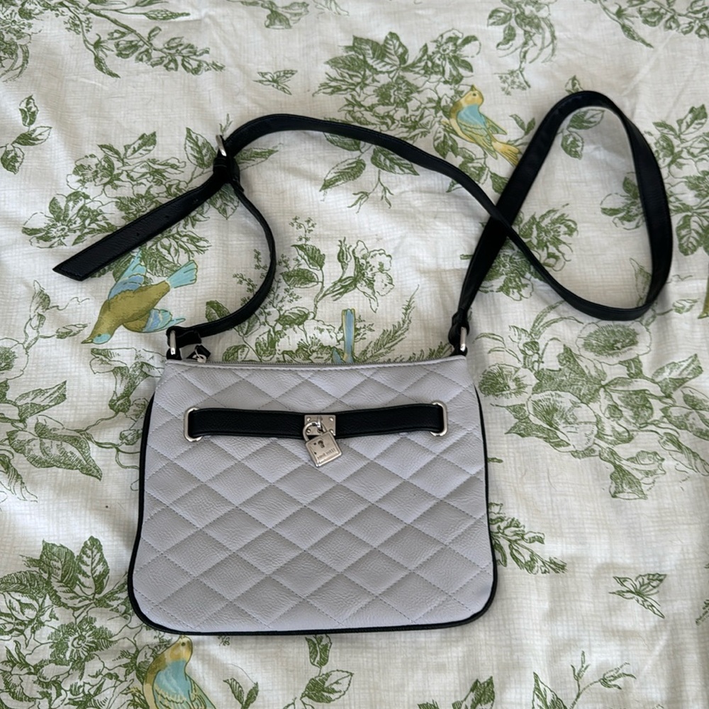 Like New Grey Nine West Small Crossbody with Black and Silver Accents